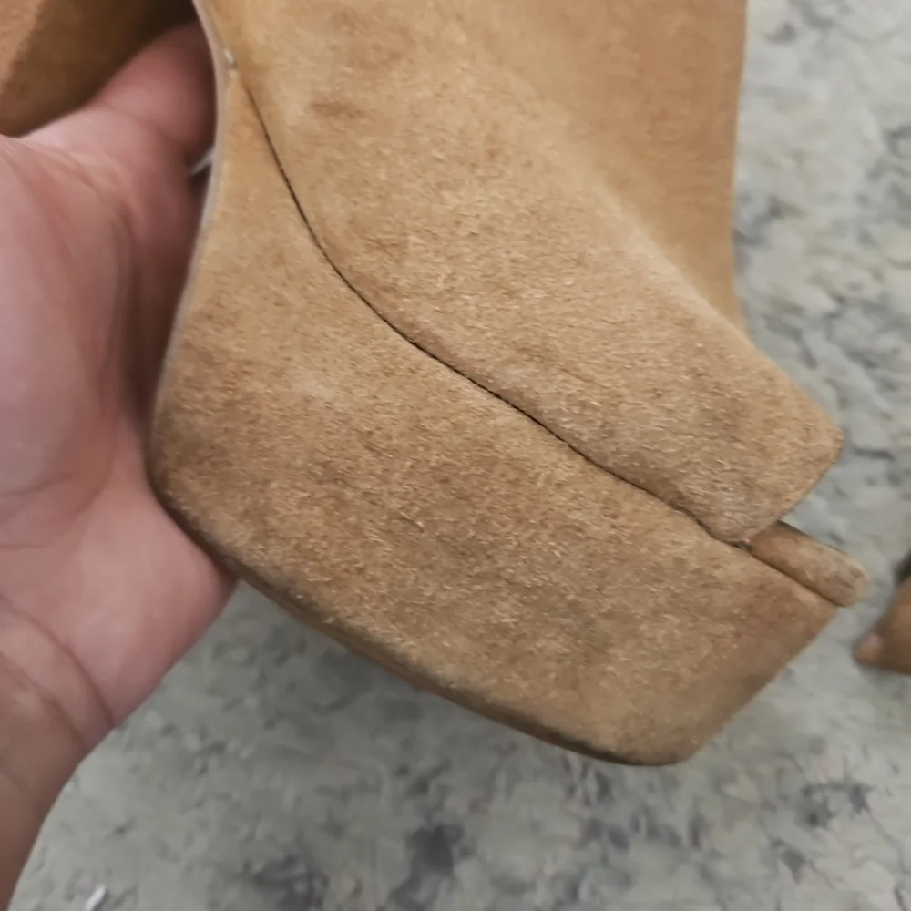 Free People X Jeffrey Campbell Womens Tan Suede Platform Peep Toe  Heels 6.5